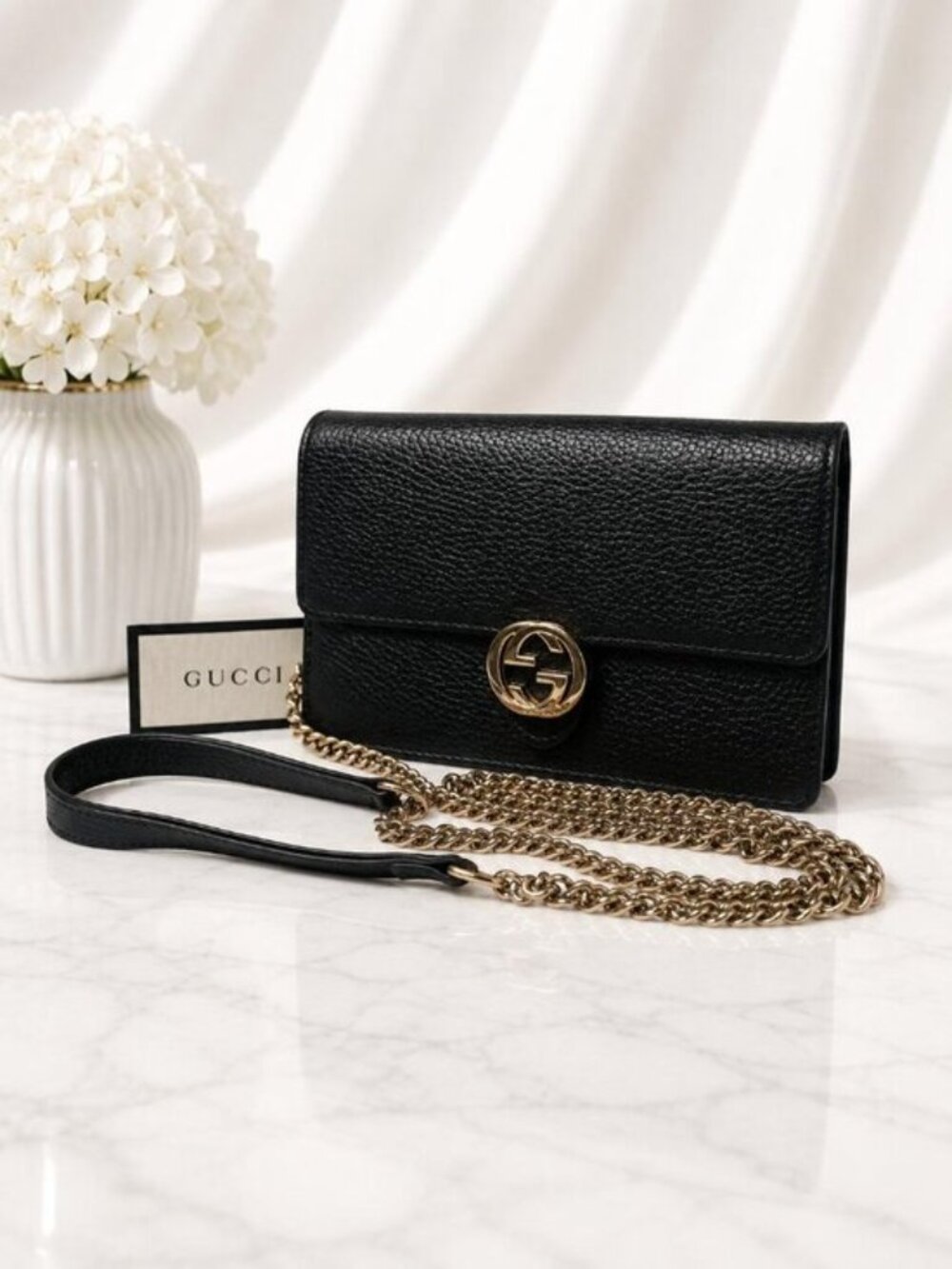 Authentic Gucci Interlocking G Chain Wallet Black Leather